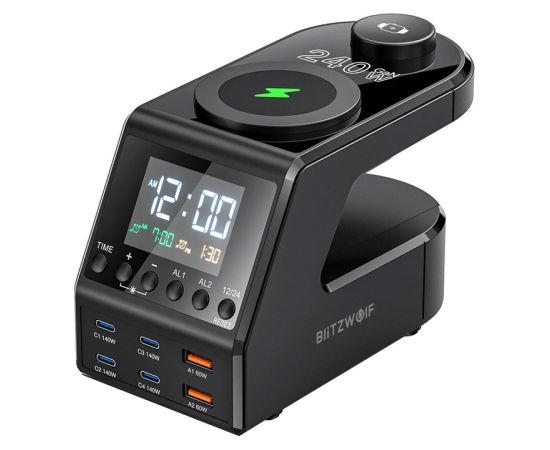 Blitzwolf BW-FW10 alarm clock with charger 2xUSB-A, 4xUSB-C, 240W Jaunumi - Datori