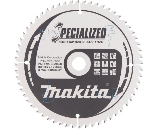 Griešanas disks laminātam Makita; 190x2x20,0 mm; Z60; 5° Zāģripas
