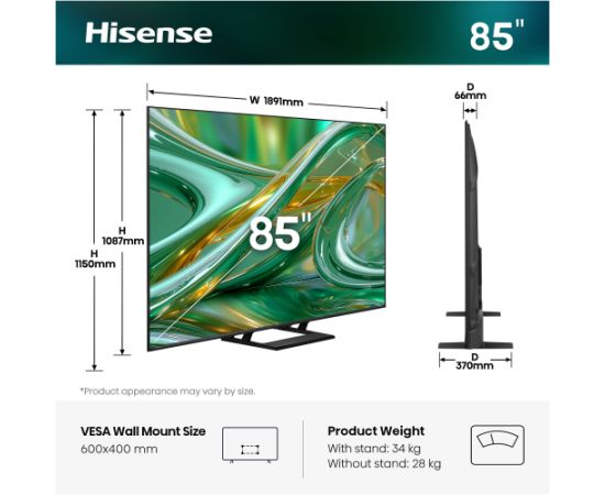 Hisense ULED 85E8S MiniLED (215 cm (85 inches), black/dark gray, UltraHD/4K, triple tuner, subwoofer, 144Hz panel) Televizori