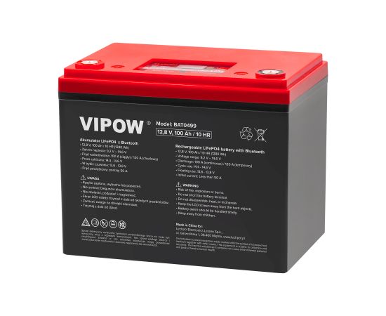 Litija akumulators ar digitālo ekrānu un Bluetooth : 12.8V 100Ah (1280Wh)  : LiFePO4 : Vipow Akumulatori