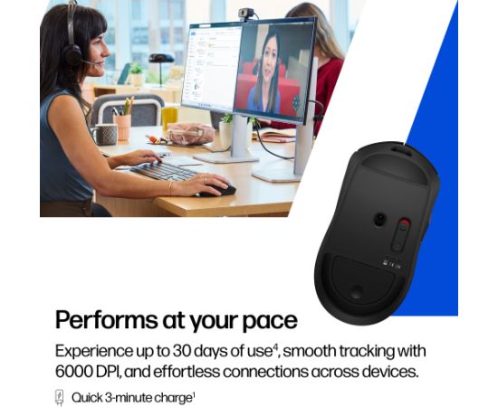 HP 705 Super Capacitor Wireless Mouse - Multi-Device, Programmable, 4-way scrolling, Ultra-Fast Rechargeable, Multi Surface, 6000 dpi - Black   AZ7B1AA#ABB Peles, ievadierīces