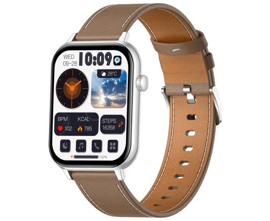 COLMI C28 Smartwatch – Silver + Brown Leather Strap Smart-Watch Умные часы