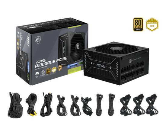 MSI MAG A1000GLS PCIE5 (black, 1x 12VHPWR, 4x PCIe, cable management, 1000 watts) Datoru barošanas bloki