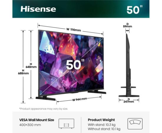 Hisense 50E7S PRO Hi-QLED TV (126 cm (50 inch), black/dark gray, UltraHD/4K, Free-Sync-Premium, 144Hz panel) Televizori