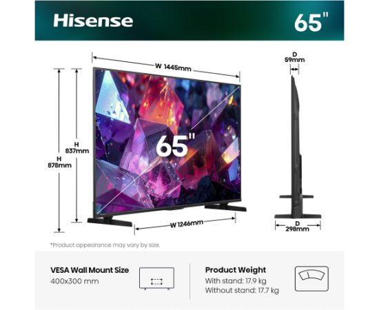 Hisense 65E7S PRO Hi-QLED TV (164 cm (65 inches), black/dark gray, UltraHD/4K, Free-Sync-Premium, 144Hz panel) Televizori