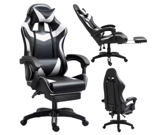 LEAN biroja krēsls – gaming krēsls, grozāms biroja krēsls ar kāju balstu, spilveniem, melni baltā krāsā. Gaming krēsli