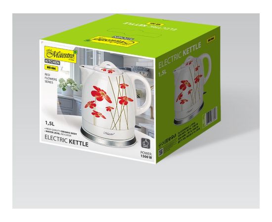 Feel-Maestro MR-066-RED FLOWERS electric kettle 1.5 L 1200 W Red, White Tējkannas (elektriskās)