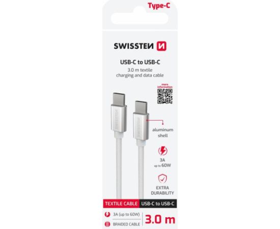 Swissten Textile Universāls Quick Charge 3.1 USB-C / USB-C Datu un Uzlādes Kabelis 3m sudrabs Data USB kabeļi