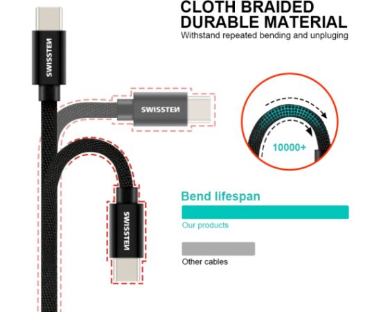 Swissten Textile Universāls Quick Charge 3.1 USB-C / USB-C Datu un Uzlādes Kabelis 3m sudrabs Data USB kabeļi