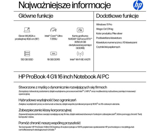 HP ProBook 4 G1i Ultra 7 255U 16"WUXGA IPS 300nits AG 16GB DDR5 5600 SSD512 Arc Cam1080p 56Wh W11Pro Portatīvie datori