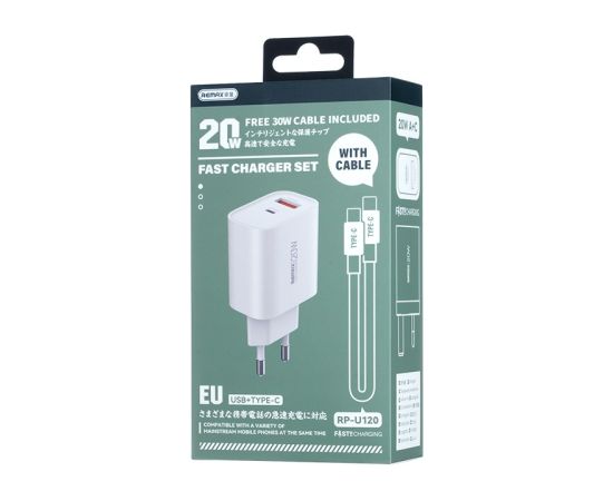 Charger Remax RP-U120 20W USB-C/USB-A + USB-C to USB-C cable 1.0m white Telefonu lādētāji 220v