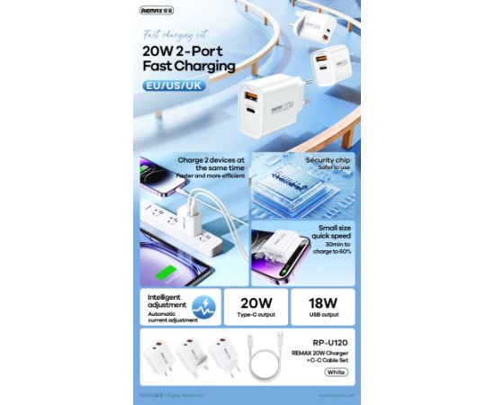 Charger Remax RP-U120 20W USB-C/USB-A + USB-C to USB-C cable 1.0m white Telefonu lādētāji 220v