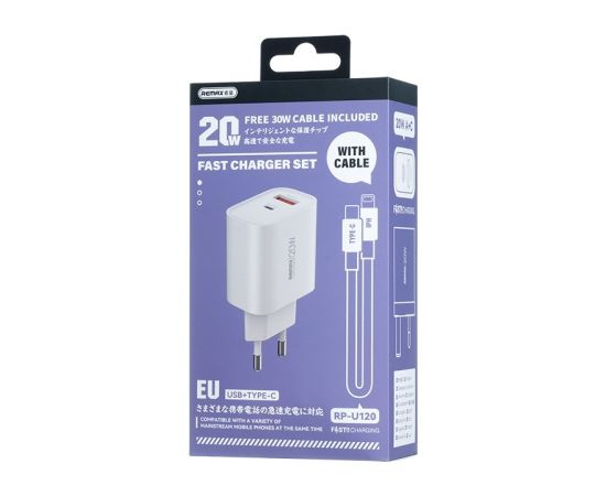 Charger Remax RP-U120 20W USB-C/USB-A + USB-C to Lightning cable 1.0m white Telefonu lādētāji 220v