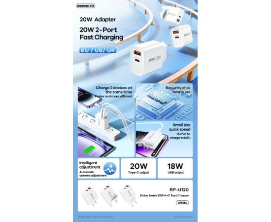 Charger Remax RP-U120 20W USB-C/USB-A white Telefonu lādētāji 220v