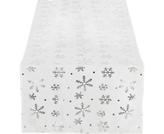 Ziemassvētku galdauts Springos CA1220, 183x35 cm, balts, sniegpārsliņu raksts  Eglīšu rotājumi