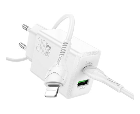 Charger Hoco N71 30W GaN USB-C/USB-A + USB-C to Lightning cable 1.0m white Telefonu lādētāji 220v