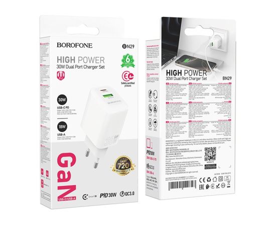 Charger Borofone BN29 30W USB-C/USB-A white Telefonu lādētāji 220v