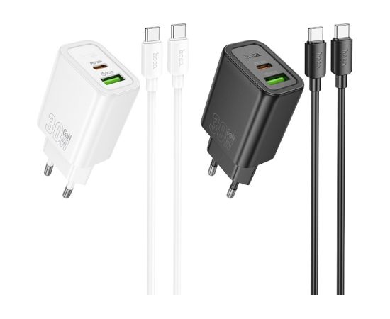 Charger Hoco N63 30W GaN USB-C/USB-A + USB-C to USB-C cable 1.0m white Telefonu lādētāji 220v