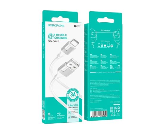 USB cable Borofone BX101 USB-A to USB-C 1.0m white Data USB kabeļi