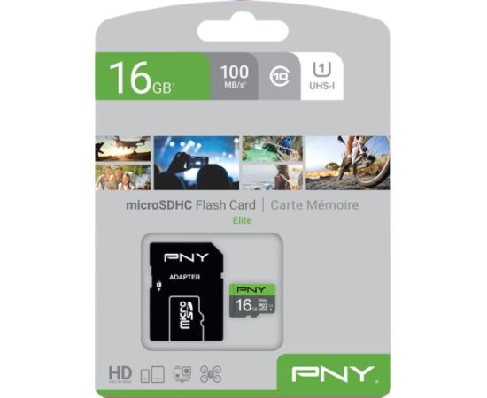 Pny Technologies PNY Elite MicroSDHC 16 GB Class 10 UHS-I/U1 A1 V10 (P-SD16GU1100EL-GE) Atmiņas kartes micro SD SDHC