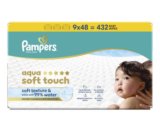 Pampers Chusteczki nawilżane Aqua Soft Touch 9x48 szt. [Plastic Free] Mitrās salvetes