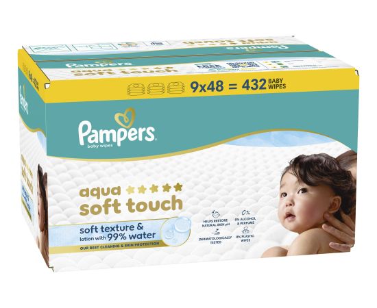 Pampers Chusteczki nawilżane Aqua Soft Touch 9x48 szt. [Plastic Free] Mitrās salvetes
