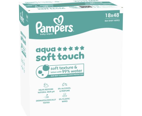 Pampers Chusteczki nawilżane Aqua Soft Touch 18x48 szt. [Plastic Free] Mitrās salvetes