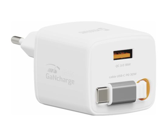 Swissten SlideCHARGE Tīkla Lādētājs GaN 30W USB-A 18W Ar ievelkamu USB-C vadu 0.75m balts Telefonu lādētāji 220v