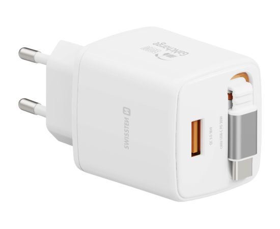 Swissten SlideCHARGE Tīkla Lādētājs GaN 30W USB-A 18W Ar ievelkamu USB-C vadu 0.75m balts Telefonu lādētāji 220v