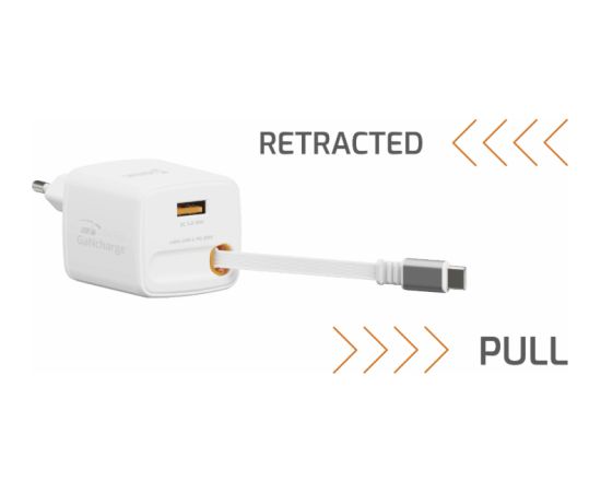 Swissten SlideCHARGE Tīkla Lādētājs GaN 30W USB-A 18W Ar ievelkamu USB-C vadu 0.75m balts Telefonu lādētāji 220v