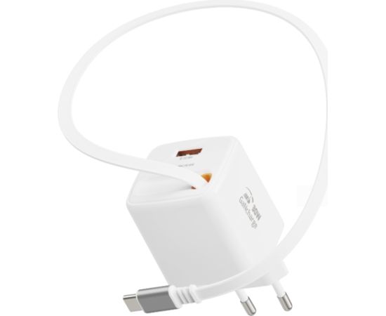 Swissten SlideCHARGE Tīkla Lādētājs GaN 30W USB-A 18W Ar ievelkamu USB-C vadu 0.75m balts Telefonu lādētāji 220v