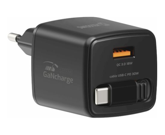 Swissten SlideCHARGE Tīkla Lādētājs GaN 30W USB-A 18W Ar ievelkamu USB-C vadu 0.75m melns Telefonu lādētāji 220v