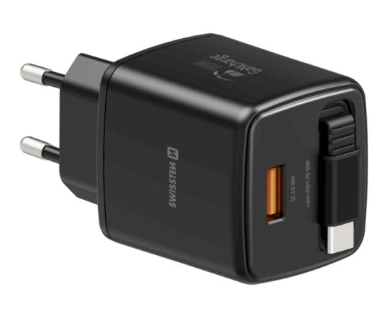 Swissten SlideCHARGE Tīkla Lādētājs GaN 30W USB-A 18W Ar ievelkamu USB-C vadu 0.75m melns Telefonu lādētāji 220v