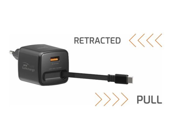 Swissten SlideCHARGE Tīkla Lādētājs GaN 30W USB-A 18W Ar ievelkamu USB-C vadu 0.75m melns Telefonu lādētāji 220v