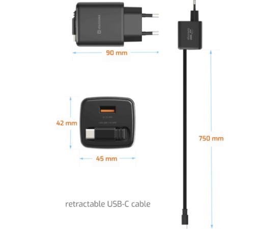 Swissten SlideCHARGE Tīkla Lādētājs GaN 30W USB-A 18W Ar ievelkamu USB-C vadu 0.75m melns Telefonu lādētāji 220v