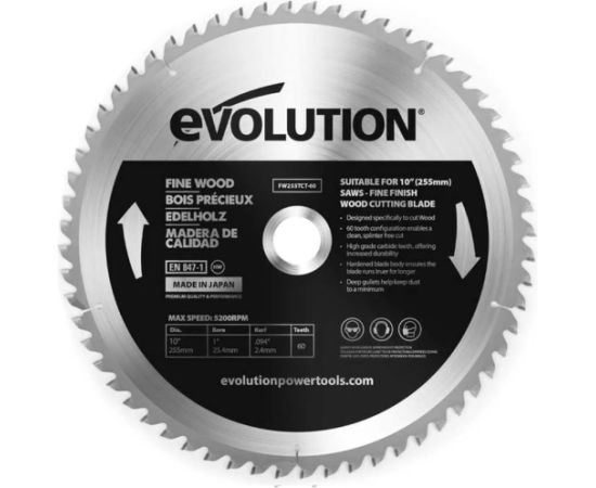 Griešanas disks Evolution FW255TCT-60; 255 mm; Z60 Zāģripas