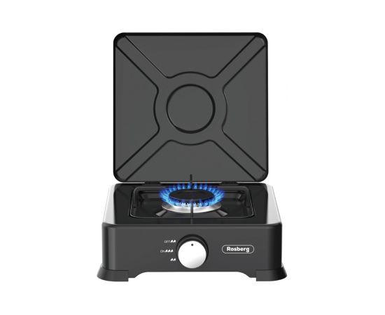 Single gas stove with cover Rosberg R51454E1, 30mbar\2.2kWh, Black  Coal. steel, Cast aluminum burne Gāzes Plītis