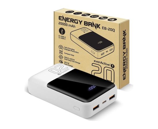 Powerbank 20 000mAh, 2x USB, 1x USB-C 22,5W, QC4+, LCD screen, white Power Banks