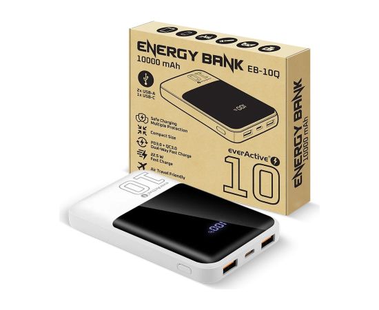 Powerbank 10 000mAh, 2x USB, 1x USB-C 22,5W, QC4+, LCD screen, white Power-банки