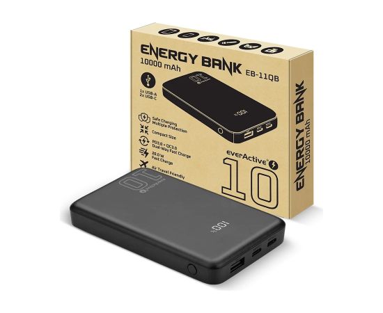 Powerbank 10 000mAh, 1x USB, 2x USB-C, 20W, QC4+, LCD screen, black Power Banks