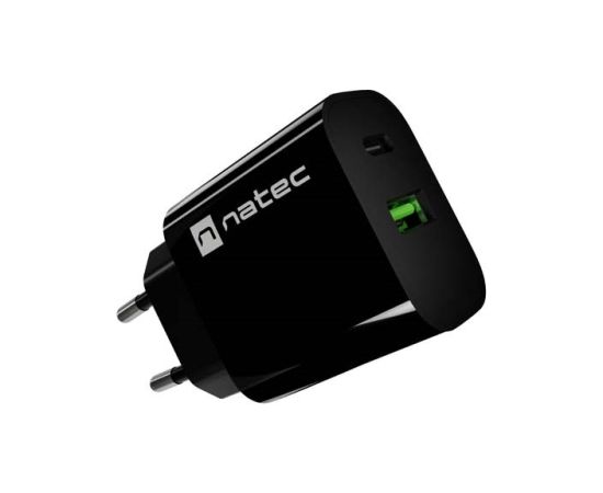 WALL CHARGER NATEC RIBERA 1X USB-A + 1X USB-C 20W BLACK Telefonu lādētāji 220v
