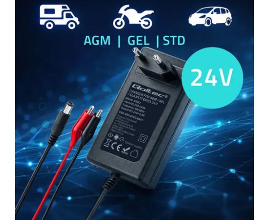 Qoltec Automatic charger for AGM GEL STD batteries | 24V charger | 19.2W | 5.5x2.1 | 1.8m cable Akumulatoru lādētāji, starteri