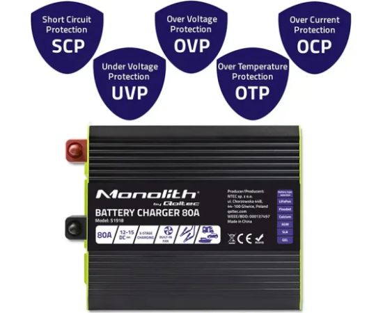 Qoltec Charger for LiFePO4 AGM GEL SLA batteries 80A Akumulatoru lādētāji, starteri