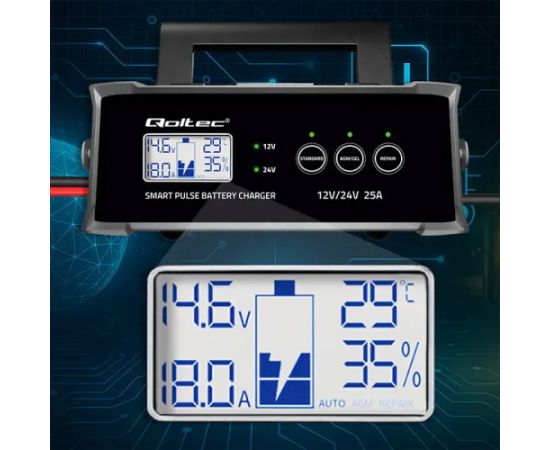 Qoltec Intelligent microprocessor charger 12V 24V 25A | Rectifier with repair function for AGM GEL SLA battery | LCD Зарядные устройства и стартеры