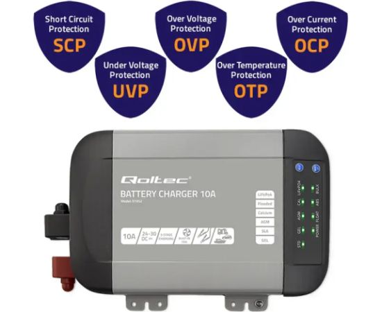 Qoltec Smart Monolith charger for LiFePO4 AGM GEL SLA batteries | 10A | 24V Akumulatoru lādētāji, starteri