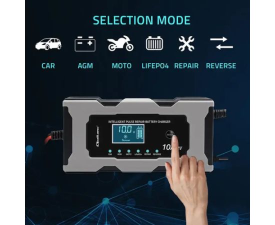 Qoltec Intelligent microprocessor charger 12V 10A | Rectifier with repair function for AGM GEL LiFePO4 battery | LCD Зарядные устройства и стартеры