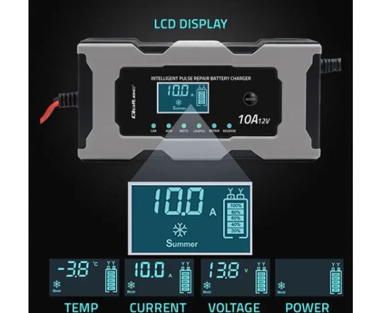Qoltec Intelligent microprocessor charger 12V 10A | Rectifier with repair function for AGM GEL LiFePO4 battery | LCD Зарядные устройства и стартеры