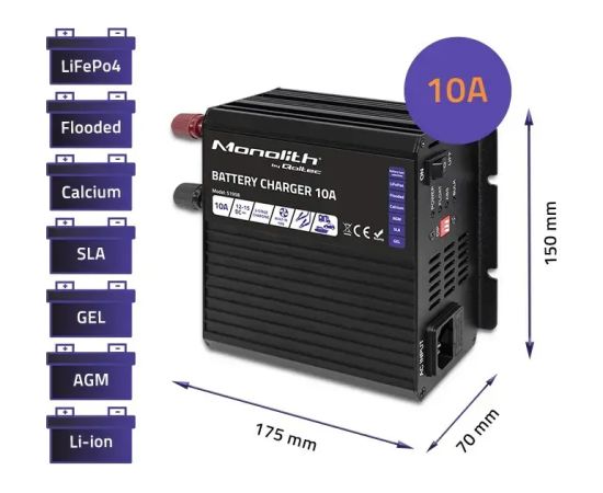 Qoltec Charger for LiFePO4 AGM GEL SLA batteries, 10A Akumulatoru lādētāji, starteri
