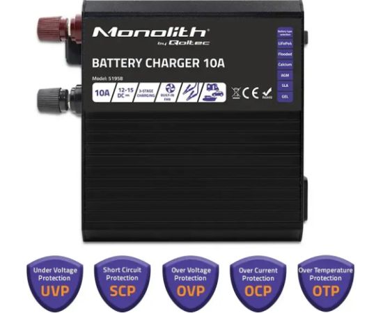 Qoltec Charger for LiFePO4 AGM GEL SLA batteries, 10A Akumulatoru lādētāji, starteri