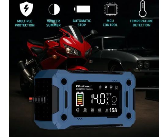 Qoltec Intelligent microprocessor charger 12V 15A | Rectifier with repair function and maintaining power supply during battery replacement | for AGM GEL LiFePO4 | LCD Зарядные устройства и стартеры